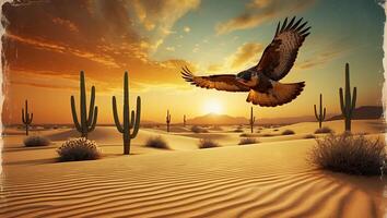 Eagle Flying Over Desert Landscape at Sunset photo