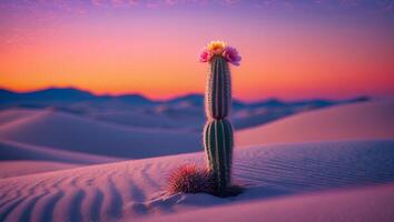 Cactus with Flowers in Desert Landscape at Sunset photo