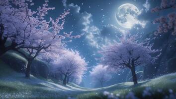 Cherry Blossom Trees Under Moonlight photo