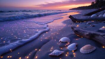 Shells and fireflies on the beach at sunset photo