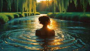 Woman Swimming in River at Sunset photo