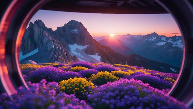 Mountain View Through Window with Flowers at Sunrise photo