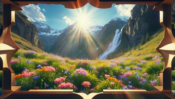 Mountain Waterfall Meadow Framed View photo