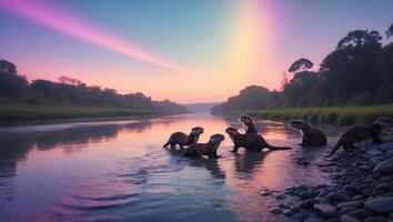 Otters in River at Dusk photo