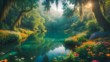 Forest Pond with Flowers and Mossy Trees photo