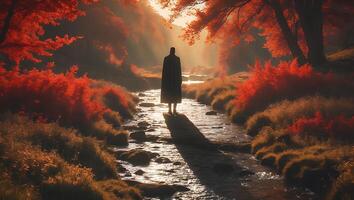 Figure on Rock in Stream Autumnal Forest photo