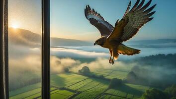 Hawk Flying Over a Landscape with Fog Seen From Window photo