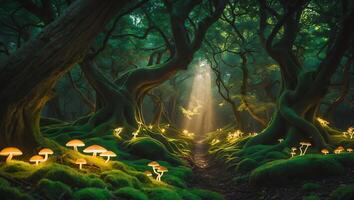 Glowing Mushroom in Dark Forest photo
