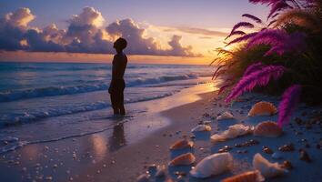 Man at Beach with Seashells and Purple Grass photo