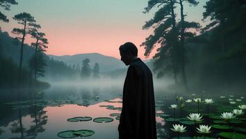 Man at Foggy Lake with Lily Pads and Sunrise photo