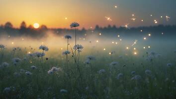 Queen Anne's Lace in Field with Fireflies at Sunset photo