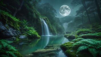 Waterfall in Forest Under Full Moon photo