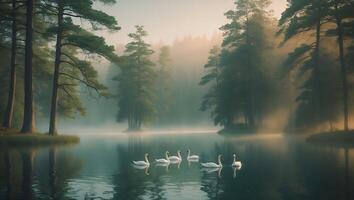 Swans in Misty Lake at Dawn photo