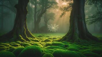 Spider Web in Forest with Mossy Ground photo