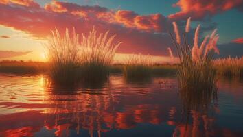 Pampas Grass in Water at Sunset Landscape photo