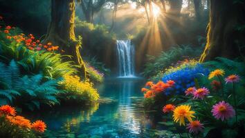 Waterfall and Flowers in a Forest Scene photo