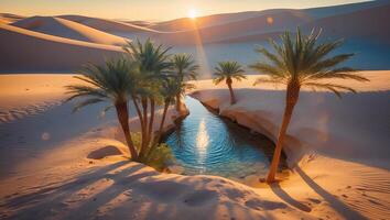 Oasis in Desert with Palm Trees and Water photo