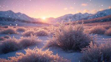 Winter Snow Landscape with Sunset and Snowy Bush photo