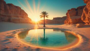Palm Tree Oasis in Desert at Sunset photo