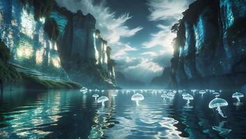 Mushroom Lake Landscape with Cliffs and Sky photo
