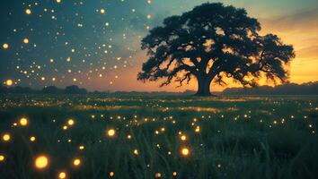 Large Tree in Field at Sunset with Glowing Lights photo