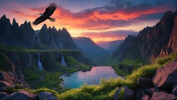 Eagle Flying Over Mountain Lake Landscape at Sunset photo