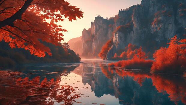 Autumn Landscape with River and Mountains photo