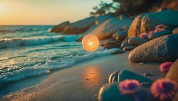 Glowing Sphere at Beach with Waves and Rocks photo