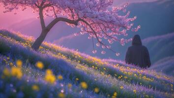 Blossom Tree on Meadow and Person in Hood photo
