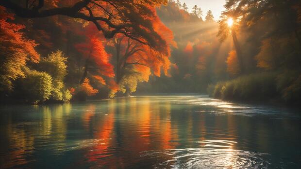 Autumn Trees Reflecting in River at Sunrise photo