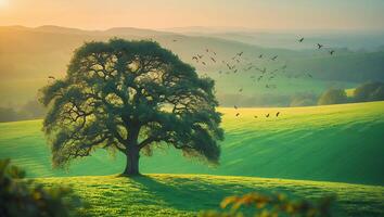 Green Field with Tree and Birds photo