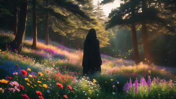 Person in Robe Standing in Colorful Flower Field with Trees photo