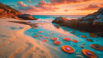 Beach Landscape with Ocean Flower Rocks Sand and Sunset photo
