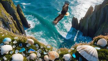 Eagle Flying Over Cliff with Seashells photo