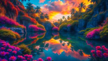 Tropical Landscape with Pink Flowers, Palm Trees and Sunset photo