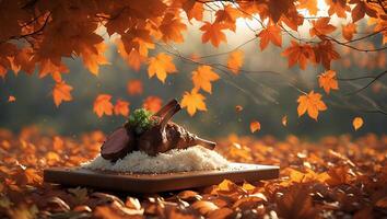 Lamb Chop with Rice on Board in Autumn Foliage photo