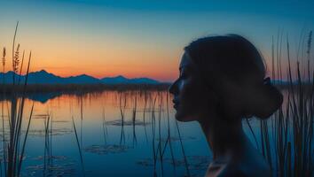 Woman Silhouette in Sunset Over Lake photo