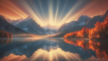 Mountain Lake at Sunrise with Autumn Trees photo