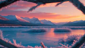 Frozen Lake Sunset, Mountain Scenery photo