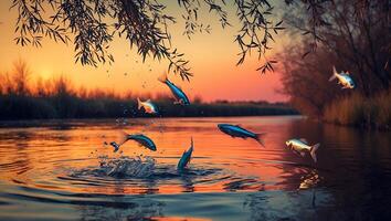 Fish Jumping in River at Sunset photo