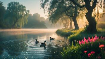 Ducks swimming in a river at sunrise photo