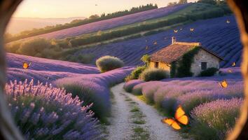 Lavender Field with Stone House and Flying Butterfly photo