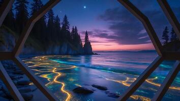 Glowing Beach with Star at Dusk Seen Through Geometric Frame photo