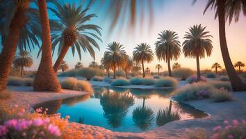 Palm Trees and Pond in Desert Landscape photo