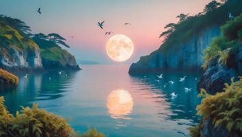Moon Over Ocean with Birds and Cliffs photo