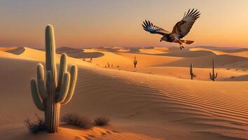 Eagle Flying Over Desert Landscape with Cactus and Sand Dunes photo