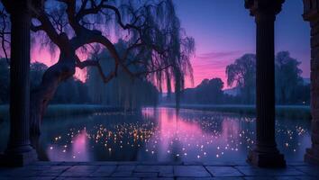 Willow Tree by Illuminated Pond at Dusk photo