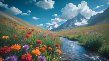 Mountain Landscape with Wildflowers and Stream photo