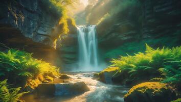 Beautiful Waterfall Landscape with Lush Greenery and Natural Sunlight photo