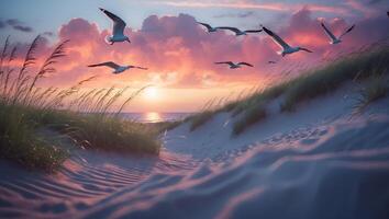 Seagulls Flying at Sunrise Over Sand Dunes photo